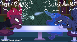 Size: 6201x3445 | Tagged: safe, artist:darkest-lunar-flower, princess luna, tempest shadow, alicorn, pony, unicorn, g4, my little pony: the movie, adventure in the comments, angry, clothes, female, fight, irony, magic, mare, pretty pony, pretty pretty tempest, scowl