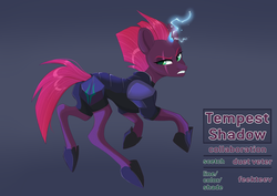 Size: 1280x905 | Tagged: safe, artist:feekteev, artist:hollybright, tempest shadow, pony, unicorn, g4, my little pony: the movie, armor, broken horn, collaboration, eye scar, female, horn, looking back, mare, scar, solo, sparking horn
