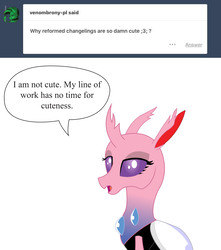 Size: 4500x5100 | Tagged: safe, artist:kirbymlp, oc, oc only, oc:sunset gleam, changedling, changeling, ask sunset gleam, absurd resolution, ask, changedling oc, changeling oc, cute, cuteling, dialogue, i'm not cute, tumblr, tumblr blog, vector