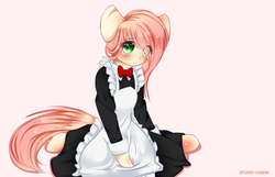 Size: 1000x642 | Tagged: safe, artist:php146, oc, oc only, oc:akarui sakura, pony, semi-anthro, blushing, bowtie, clothes, cuffs (clothes), cute, female, kneeling, looking at you, maid, mare, simple background, solo