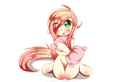 Size: 1000x642 | Tagged: safe, artist:php146, oc, oc only, oc:akarui sakura, earth pony, semi-anthro, female, floppy ears, green eyes, hair over one eye, kneeling, looking at you, mare, pillow, simple background, solo
