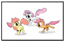 Size: 4119x2664 | Tagged: safe, anonymous artist, apple bloom, scootaloo, sweetie belle, earth pony, pegasus, pony, unicorn, g4, 4chan, adorabloom, bow, colored, cute, cutealoo, cutie mark crusaders, diasweetes, drawthread, hair bow, happy, running, simple background, trio