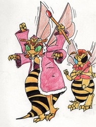 Size: 632x838 | Tagged: safe, artist:kuroneko, derpibooru exclusive, queen bumble, sting (g1), bee, insect, wasp, g1, colored pencil drawing, crown, eyepatch, jewelry, regalia, simple background, traditional art, white background