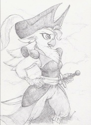 Size: 719x980 | Tagged: safe, artist:daisymane, captain celaeno, parrot, anthro, g4, my little pony: the movie, clothes, female, hat, monochrome, pirate hat, solo, sword, traditional art, weapon