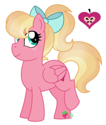 Size: 1364x1616 | Tagged: safe, artist:strawberry-spritz, oc, oc only, adoptable, bow, crack shipping, cutie mark, female, filly, freckles, hair bow, offspring, parent:big macintosh, parent:princess cadance, parents:cadmac, ponytail, shipping, simple background, transparent background, weird ship wednesday, youtube link