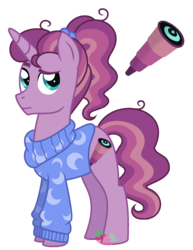 Size: 1018x1317 | Tagged: safe, artist:strawberry-spritz, oc, oc only, pony, unicorn, adoptable, clothes, crack shipping, cutie mark, magical lesbian spawn, male, messy mane, offspring, parent:moondancer, parent:princess luna, parents:lunadancer, ponytail, raised eyebrow, shipping, simple background, solo, stallion, sweater, transparent background, weird ship wednesday