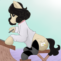 Size: 2500x2500 | Tagged: safe, artist:lupin quill, oc, oc only, oc:aspiring artist, pony, clothes, desk, drawing tablet, high res, jacket, sitting, socks, solo, stool, tablet pen