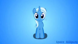 Size: 640x360 | Tagged: safe, artist:spaceoddpony, trixie, pony, unicorn, g4, animated, dancing, female, gif, gradient background, grin, looking at you, mare, missing accessory, signature, smiling, solo, standing