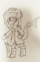 Size: 259x395 | Tagged: safe, oc, oc only, oc:mystic bolt, original species, shark pony, bipedal, clothes, monochrome, solo, traditional art, weapon