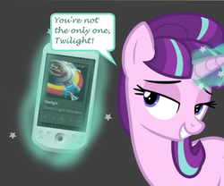 Size: 721x600 | Tagged: safe, artist:grapefruitface1, starlight glimmer, pony, unicorn, g4, cellphone, electric light orchestra, female, glowing horn, grin, horn, magic, mare, parody, parody of a parody, phone, polished, response, s5 starlight, show accurate, smartphone, smiling, solo, song, song reference, spotify, starlight (song), telekinesis