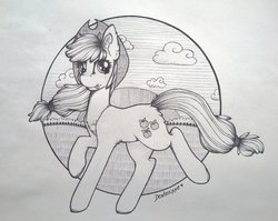 Size: 1024x814 | Tagged: safe, artist:dexterisse, applejack, earth pony, pony, g4, cowboy hat, female, hat, looking at you, mare, monochrome, pencil drawing, solo, tongue out, traditional art