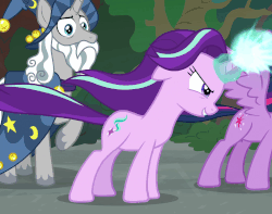 Size: 1042x822 | Tagged: safe, screencap, star swirl the bearded, starlight glimmer, twilight sparkle, alicorn, pony, unicorn, g4, shadow play, animated, female, gif, glowing horn, horn, magic, male, mare, solo focus, stallion, twilight sparkle (alicorn)