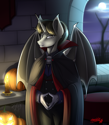 Size: 3500x4000 | Tagged: safe, artist:sparklyon3, oc, oc only, oc:coda, unicorn, vampire, anthro, rcf community, castle, clothes, commission, finished, halloween, halloween costume, hand, holiday, pumpkin, suit, ych result