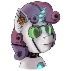 Size: 1469x1469 | Tagged: safe, artist:my-little-poni, sweetie belle, pony, robot, robot pony, unicorn, g4, bust, female, filly, foal, horn, portrait, smiling, solo, sweetie bot