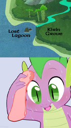 Size: 402x718 | Tagged: safe, artist:sunibee, edit, spike, dragon, g4, blushing, hilarious in hindsight, image macro, kirin grove, lost lagoon, male, map, meme, open mouth, reaction image, simple background, solo, sweat, sweating towel guy, towel, wiping