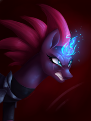 Size: 1600x2133 | Tagged: safe, artist:icelectricspyro, tempest shadow, pony, unicorn, g4, my little pony: the movie, angry, armor, broken horn, dark background, electricity, female, gradient background, horn, magic, mare, solo, sparking horn