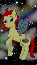 Size: 720x1280 | Tagged: safe, artist:gamer-shy, derpibooru exclusive, oc, oc only, oc:gamershy yellowstar, bat pony, hybrid, blue eyes, fangs, flying, hooked ears, night, night sky, red mane, sky, underwing feathers, yellow coat