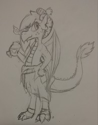 Size: 1977x2529 | Tagged: safe, artist:mystic bolt, oc, oc only, oc:coira, dragon, ankle cuffs, clothes, cuffs, fire, hat, kilt, monochrome, simple background, smiling, snorting, solo, spats, traditional art