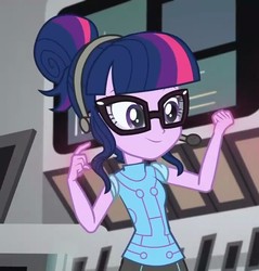 Size: 688x720 | Tagged: safe, screencap, sci-twi, twilight sparkle, equestria girls, g4, good vibes, my little pony equestria girls: summertime shorts, clothes, cropped, female, glasses, glowing hands, headset, magic, smiling, solo, telekinesis