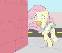 Size: 800x687 | Tagged: safe, artist:dstears, color edit, edit, fluttershy, pony, g4, bread, clothes, colored, female, food, mouth hold, running, school uniform, schoolgirl toast, solo, toast