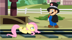Size: 3846x2160 | Tagged: safe, artist:perplexedpegasus, fluttershy, human, pegasus, pony, g4, barely pony related, crossover, damsel in distress, dastardly whiplash, fanart mashup challenge, female, hat, high res, male, mare, mario, marioshy, nintendo, peril, rope, super mario bros., super smash bros., tied to tracks, tied up, top hat, train tracks