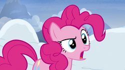 Size: 1280x720 | Tagged: safe, screencap, pinkie pie, earth pony, pony, g4, not asking for trouble, female, mare, raised eyebrow, snow, solo