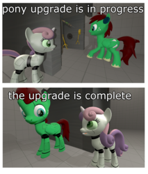 Size: 2000x2348 | Tagged: safe, artist:northern haste, sweetie belle, oc, oc:northern haste, cyberman, pegasus, pony, robot, robot pony, unicorn, g4, 2 panel comic, 3d, blank flank, buzzsaw, circular saw, comic, cutie mark, dialogue, doctor who, female, filly, foal, high res, hooves, horn, mind control, roboticization, saw, source filmmaker, sweetie bot, syringe, text, transformation, upgrade, wings