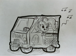 Size: 1300x958 | Tagged: safe, artist:tjpones, pinkie pie, earth pony, pony, g4, black and white, car, ear fluff, female, food, grayscale, ice cream, ice cream truck, inktober, monochrome, music notes, solo, traditional art, truck