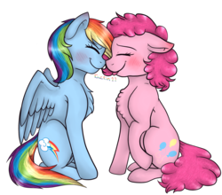 Size: 1650x1450 | Tagged: safe, artist:violetpony11, pinkie pie, rainbow dash, earth pony, pegasus, pony, g4, blushing, chest fluff, eyes closed, female, lesbian, mare, ship:pinkiedash, shipping, simple background, sitting, smiling, tongue out, transparent background