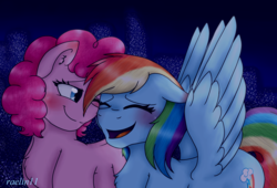 Size: 1990x1350 | Tagged: safe, artist:violetpony11, pinkie pie, rainbow dash, earth pony, pegasus, pony, g4, blushing, chest fluff, eyes closed, female, laughing, lesbian, mare, open mouth, ship:pinkiedash, shipping, smiling