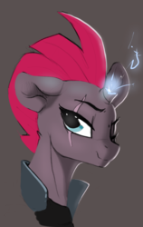 Size: 989x1564 | Tagged: safe, artist:dimfann, tempest shadow, pony, unicorn, g4, my little pony: the movie, broken horn, bust, eye scar, female, gray background, horn, magic, mare, one eye closed, scar, simple background, smiling, solo, sparking horn, wink