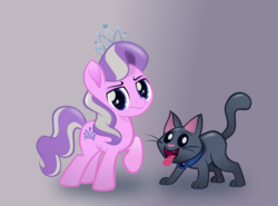Size: 809x600 | Tagged: safe, artist:magerblutooth, diamond tiara, oc, oc:dazzle, cat, pony, g4, movie accurate