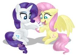 Size: 6337x4594 | Tagged: safe, artist:raspberrystudios, angel bunny, fluttershy, rarity, pegasus, pony, unicorn, g4, absurd resolution, cute, raribetes, shyabetes, simple background, smiling, transparent background