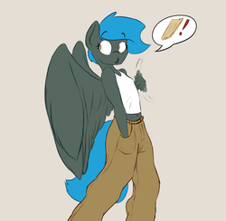 Size: 2000x1950 | Tagged: safe, artist:finewine-toons, oc, oc only, oc:jade shine, pegasus, anthro, breasts, brown background, clothes, delicious flat chest, female, looking back, midriff, pants, simple background, solo, speech bubble, spread wings, tank top, wings