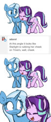 Size: 706x1676 | Tagged: safe, artist:lilboulder, starlight glimmer, trixie, pony, unicorn, g4, blushing, comic, eyes closed, female, laughing, lesbian, mare, ship:startrix, shipping, simple background, smiling, sweat, white background
