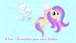 Size: 8000x4502 | Tagged: safe, artist:joy144sk, fluttershy, oc, oc:ira, oc:snowdrop, g4, absurd resolution, cloud, cloudy, crossover, flying, ori and the blind forest, rainbow power