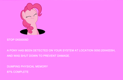 Size: 1600x1041 | Tagged: safe, pinkie pie, earth pony, pony, g4, blue screen of death, breaking the fourth wall, error message, female, fourth wall, pink background, pink screen of death, simple background, solo