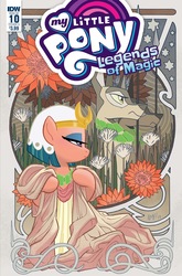 Size: 1054x1600 | Tagged: safe, artist:tony fleecs, idw, official comic, somnambula, dog, jackal, pegasus, pony, g4, legends of magic #10, my little pony: legends of magic, spoiler:comic, anubis, clothes, cover, dogman, female, flower, glowpaz, lidded eyes, mare, spear, weapon