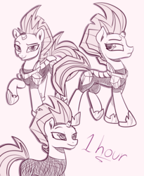 Size: 2300x2800 | Tagged: safe, artist:katakiuchi4u, tempest shadow, pony, unicorn, g4, my little pony: the movie, armor, broken horn, eye scar, female, high res, horn, looking at you, mare, monochrome, raised hoof, scar, sketch, smiling, solo