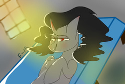Size: 600x400 | Tagged: safe, artist:sodadoodle, king sombra, g4, bed, bedroom eyes, blushing, cheap background, chest fluff, crepuscular rays, looking at you, lying down, on back, queen umbra, rule 63, window