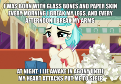 Size: 1147x800 | Tagged: safe, screencap, coco pommel, g4, the saddle row review, blushing, chocolate with nuts, image macro, meme, red nosed, sick, spongebob squarepants, tissue, tissue box