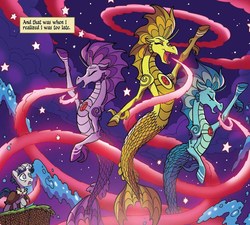 Size: 1227x1102 | Tagged: safe, artist:tony fleecs, idw, adagio dazzle, aria blaze, sonata dusk, stygian, pony, siren, unicorn, g4, legends of magic #7, my little pony: legends of magic, shadow play, spoiler:comic, female, male, stallion, the dazzlings