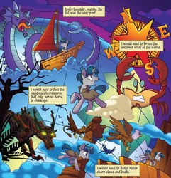 Size: 1155x1199 | Tagged: safe, artist:tonyfleecs, idw, stygian, crab, giant crab, griffon, pony, sea serpent, timber wolf, unicorn, g4, legends of magic, shadow play, spoiler:comic, spoiler:comiclom7, boat, compass rose, journey, male, stallion, unnamed character, unnamed griffon