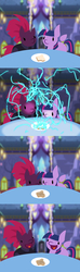 Size: 872x2964 | Tagged: safe, artist:lil miss jay, fizzlepop berrytwist, tempest shadow, twilight sparkle, alicorn, pony, unicorn, g4, my little pony: the movie, beady eyes, bread, chibi, comic, cute, duo, floating wings, food, happy, magic, smiling, table, tempestbetes, toast, twiabetes, wings