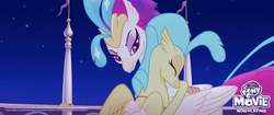 Size: 2048x858 | Tagged: safe, screencap, princess skystar, queen novo, classical hippogriff, hippogriff, g4, my little pony: the movie, duo, eyes closed, eyeshadow, female, hug, lidded eyes, makeup, mother and daughter, smiling, smirk, you are so grounded