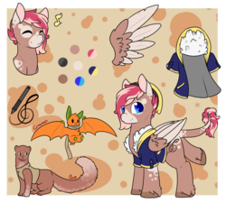 Size: 1024x920 | Tagged: safe, artist:cloureed, oc, oc only, oc:ace, oc:cinnamon, oc:strawberry breeze, fruit bat, mink, pegasus, pony, clothes, reference sheet