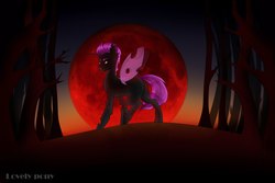 Size: 2560x1707 | Tagged: safe, artist:lovely-pony, oc, oc only, oc:king dorigan, changeling, blood moon, looking back, moon, purple changeling, solo, tree