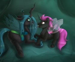 Size: 2080x1720 | Tagged: source needed, safe, artist:tigra0118, queen chrysalis, oc, oc:king dorigan, changeling, changeling queen, g4, chrysigan, duo, female, purple changeling