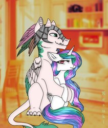 Size: 1386x1645 | Tagged: safe, artist:kesuki, princess celestia, oc, oc:arculascrain, alicorn, pony, g4, canon x oc, celescrain, female, hug, male, sitting, straight