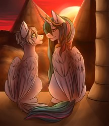 Size: 1864x2160 | Tagged: artist needed, safe, princess celestia, oc, oc:light knight, g4, lightestia, looking at each other, pillar, sitting, sun, sunset